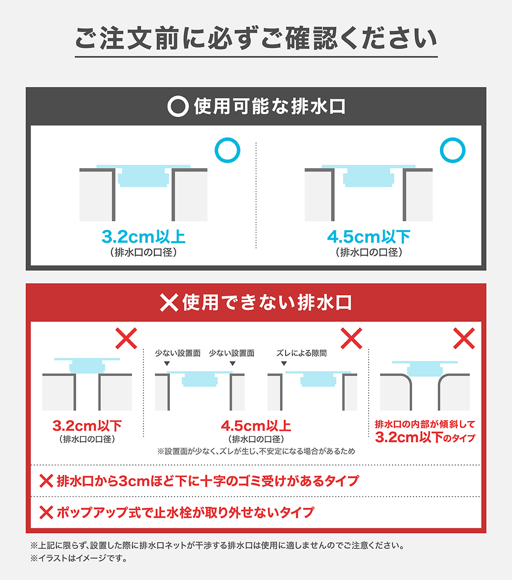 洗面台の使用可能な対応サイズを確認ください