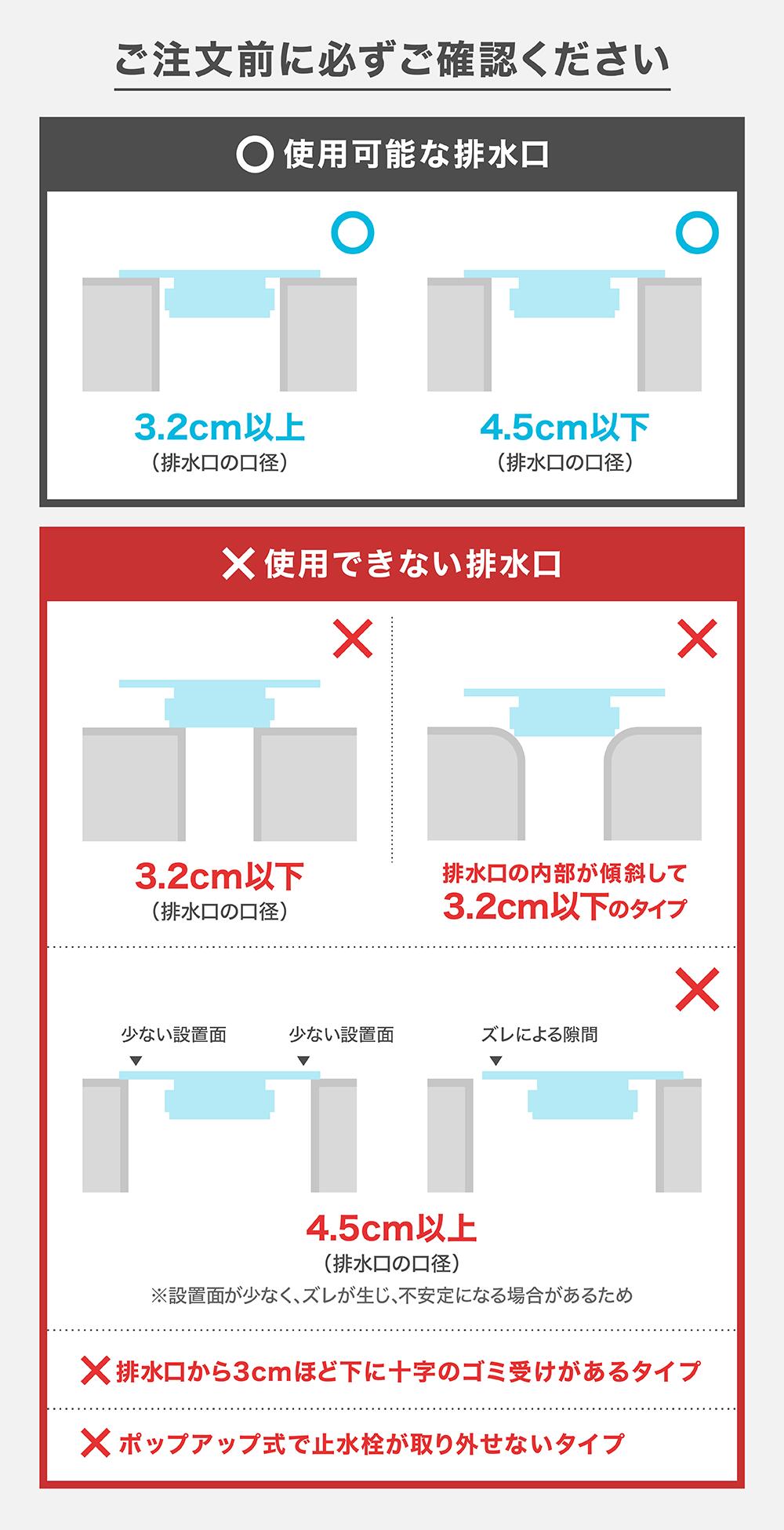 洗面台の使用可能な対応サイズを確認ください